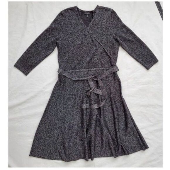 Talbots Wool Blend Black Silver Metallic Faux Wrap A-line Dress Sz M HolidayCore - Picture 4 of 9